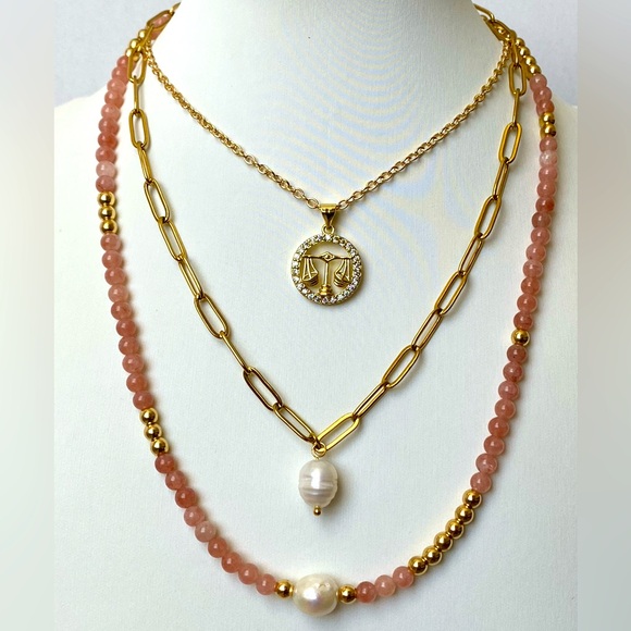 Sunstone and freshwater pearl necklace set of 3